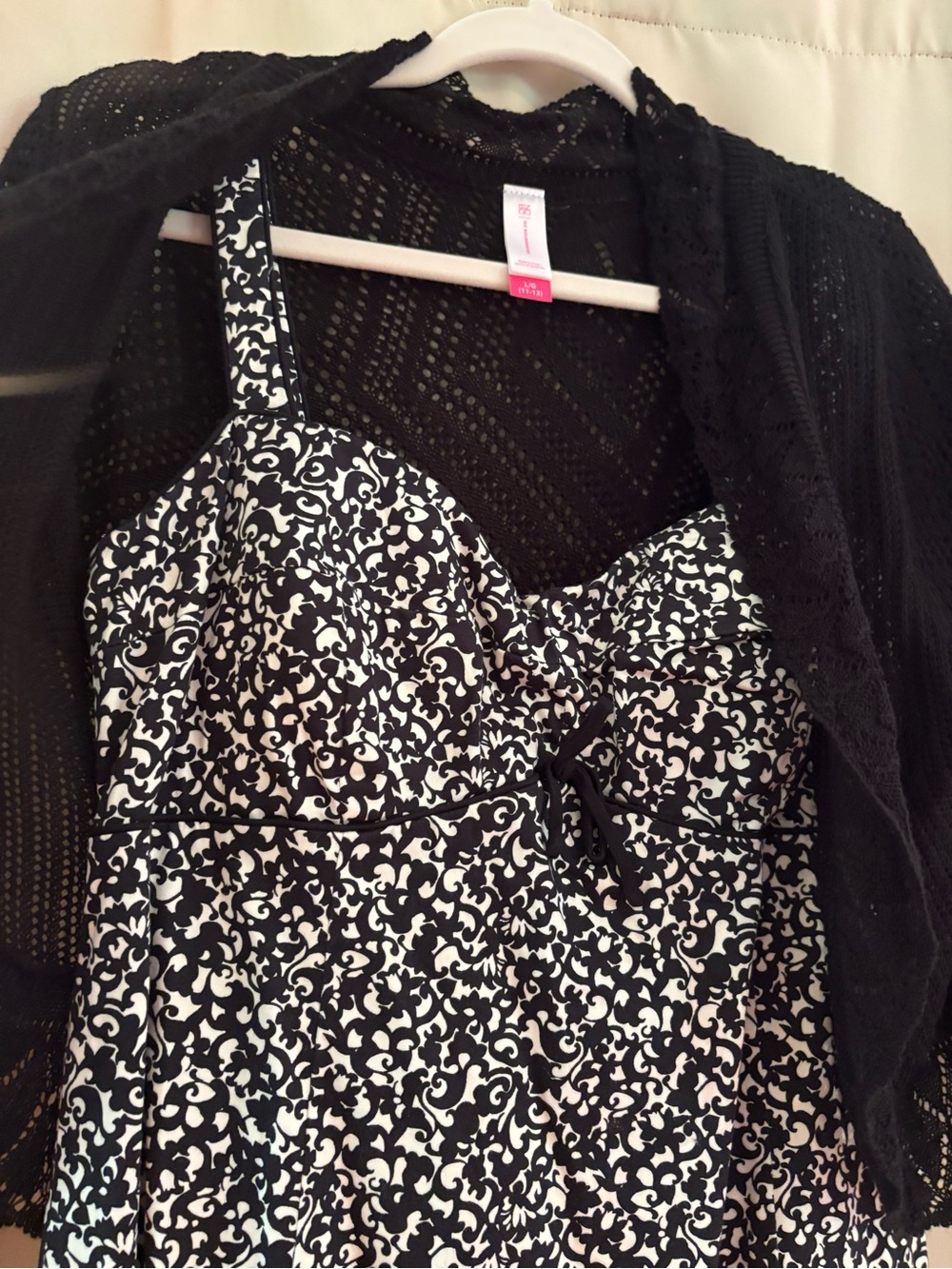 Black & White Floral Midi Dress with Black Knit Shrug